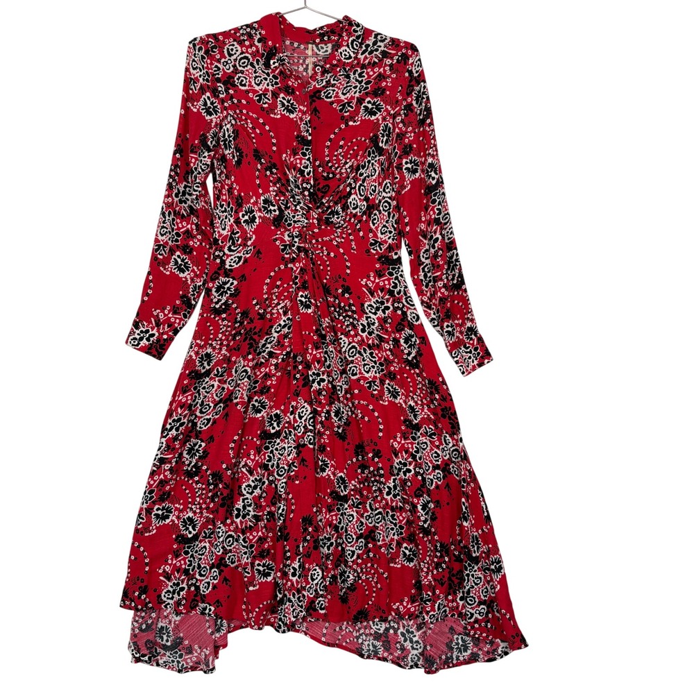 Free People Women Midi Dress 4 Red Tough Love Floral Long Sleeve OB872266 Button